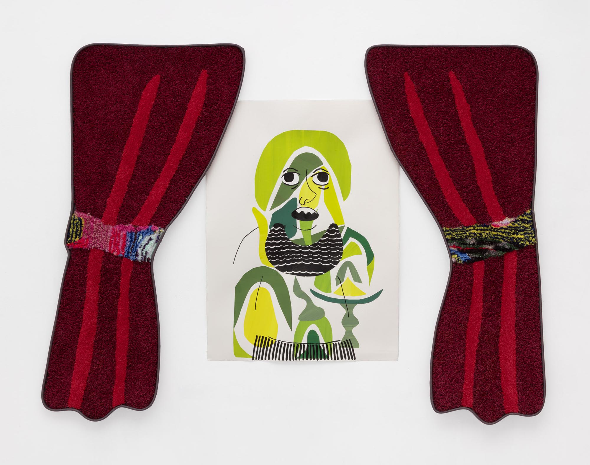 (i’m not lazy i don’t think but i haven’t got a shred of entrepreneur in me) 2025, Gouache on paper, cut and pasted, on paper, ink, carpet. 48h x 64w in: drawing 30h x 22w in.; carpet curtains 48h x 24w in., each panel