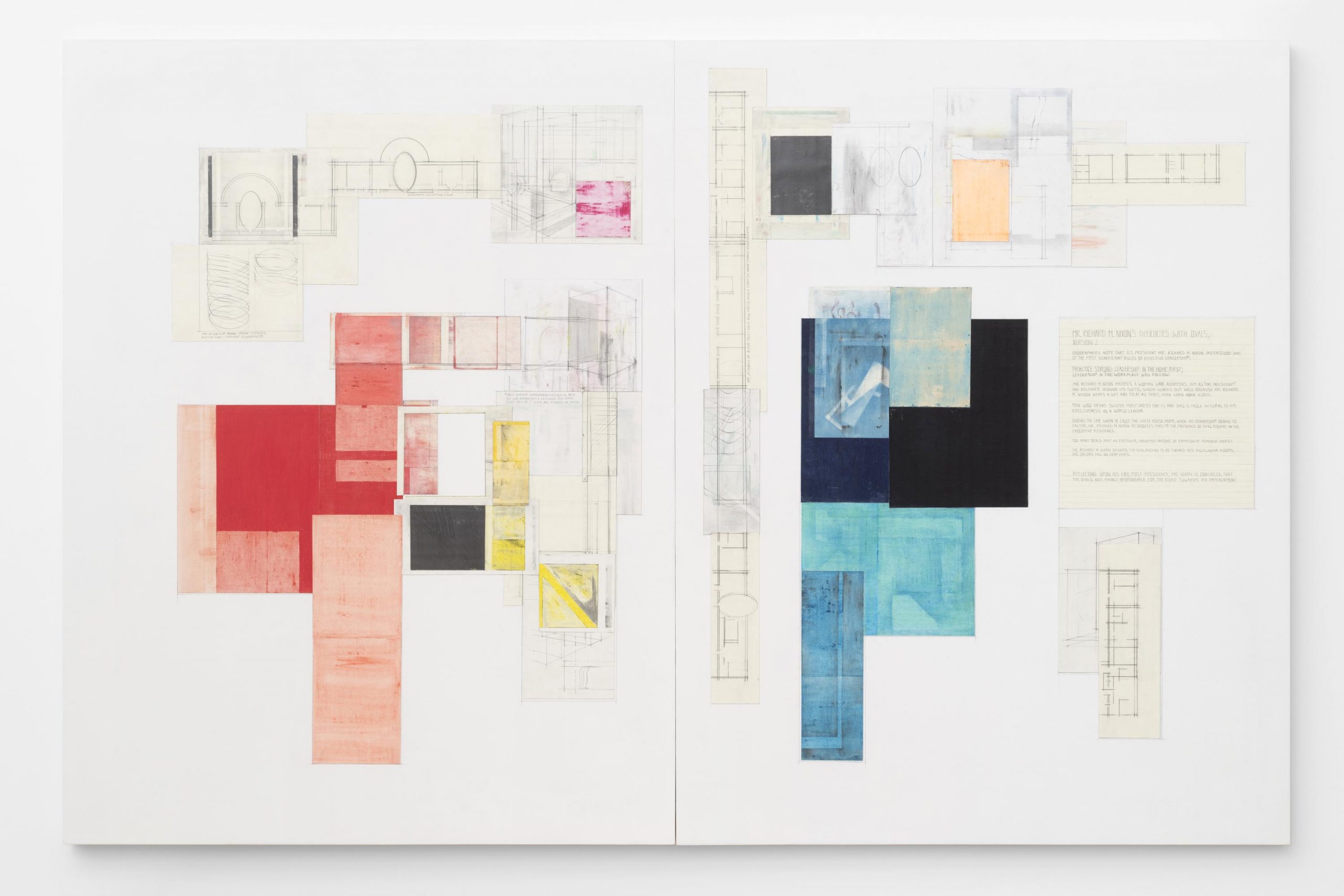 Mr. Richard M. Nixon’s Difficulties with Ovals, Version 2 , 2019, graphite, crayon, colored pencil, pastel and collage on panel. Diptych: 50 x 76 x 1.5 inches