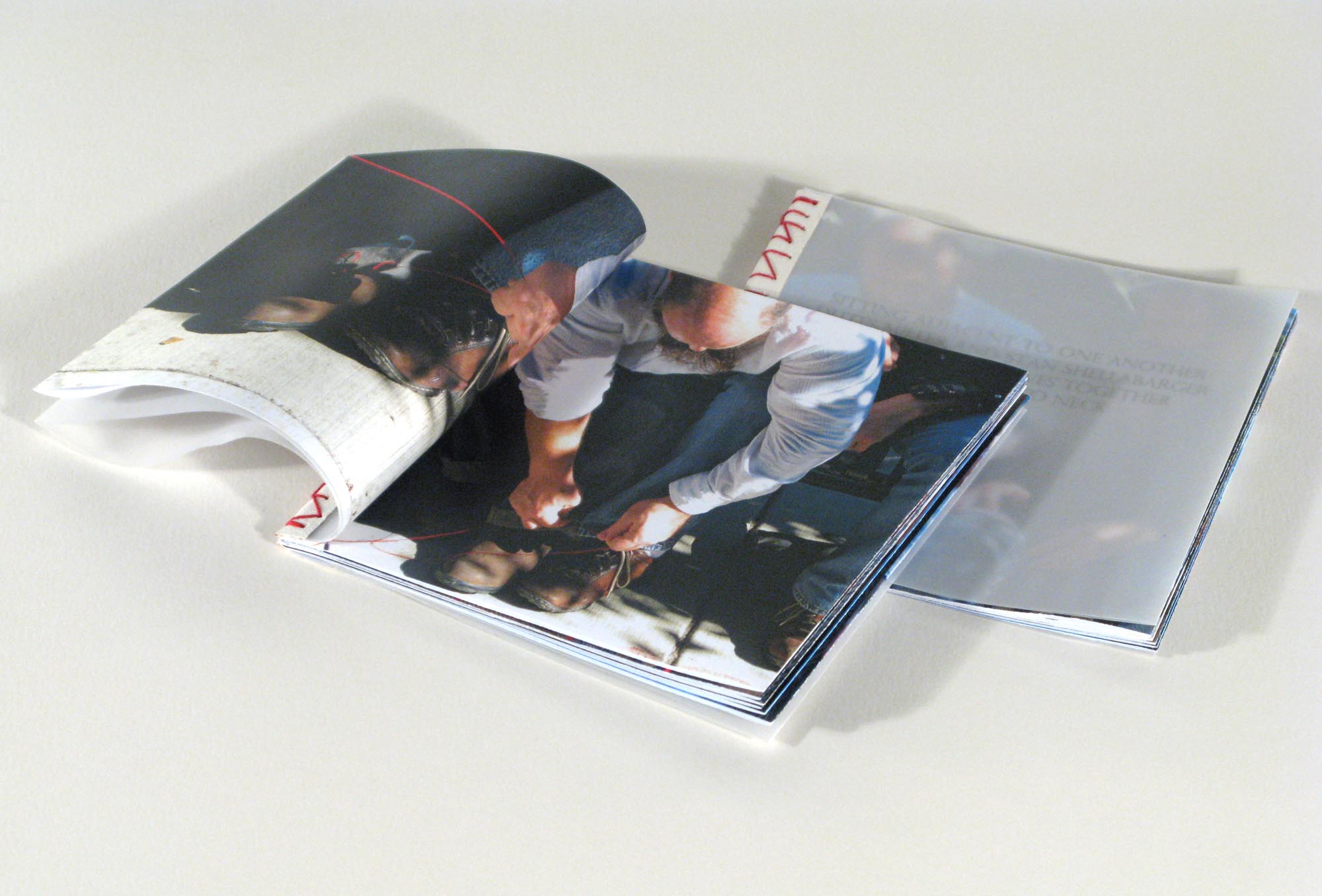 Miller & Shellabarger "Sewing Book (Chicago)," 2008. Color xerox, book repair tape, embroidery thread. 5h x 5w in, edition of 40. 