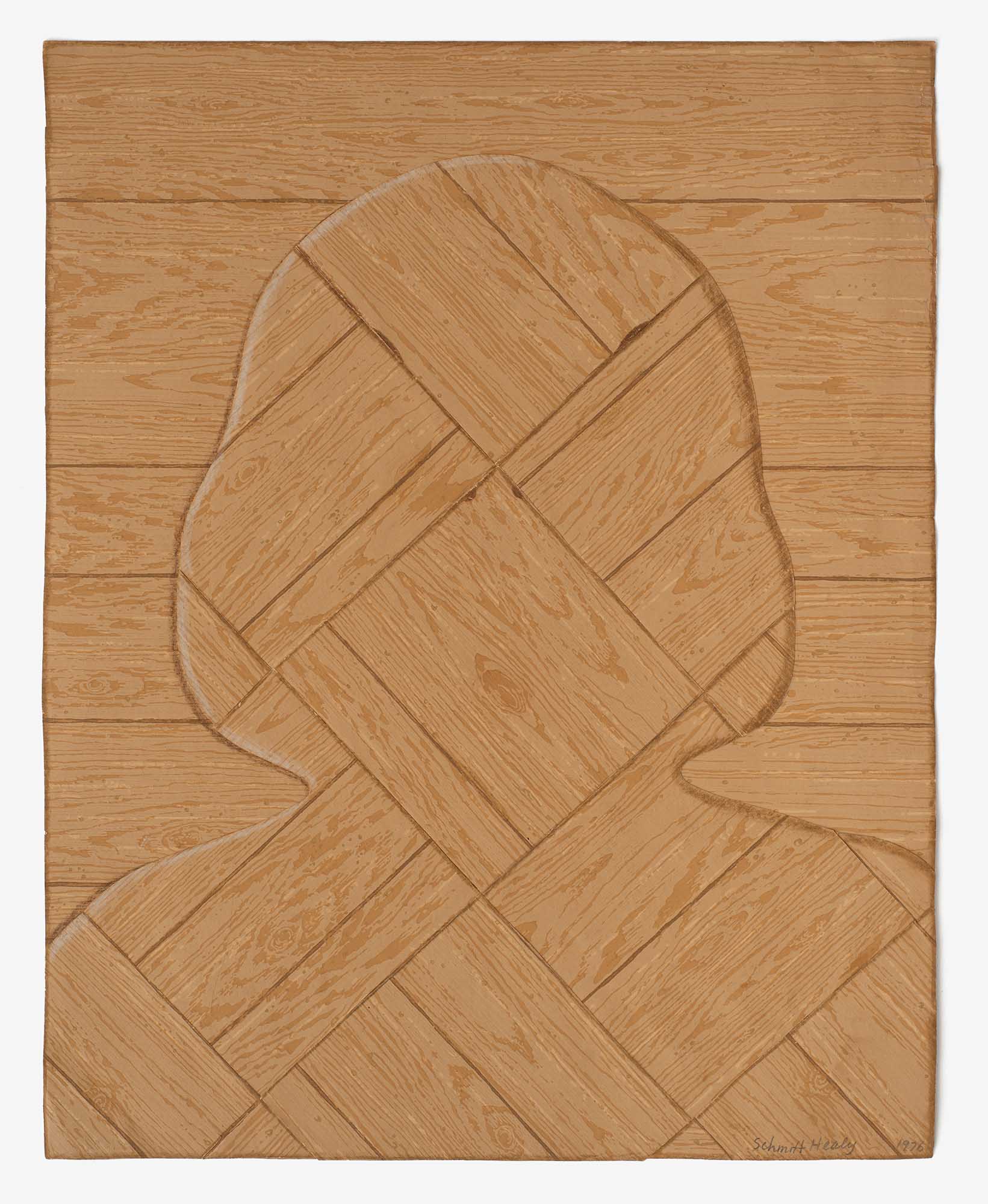 Parquet Lady 1976, Coloured pencil on collaged wallpaper, 19 7/8h x 15 3/4w in
