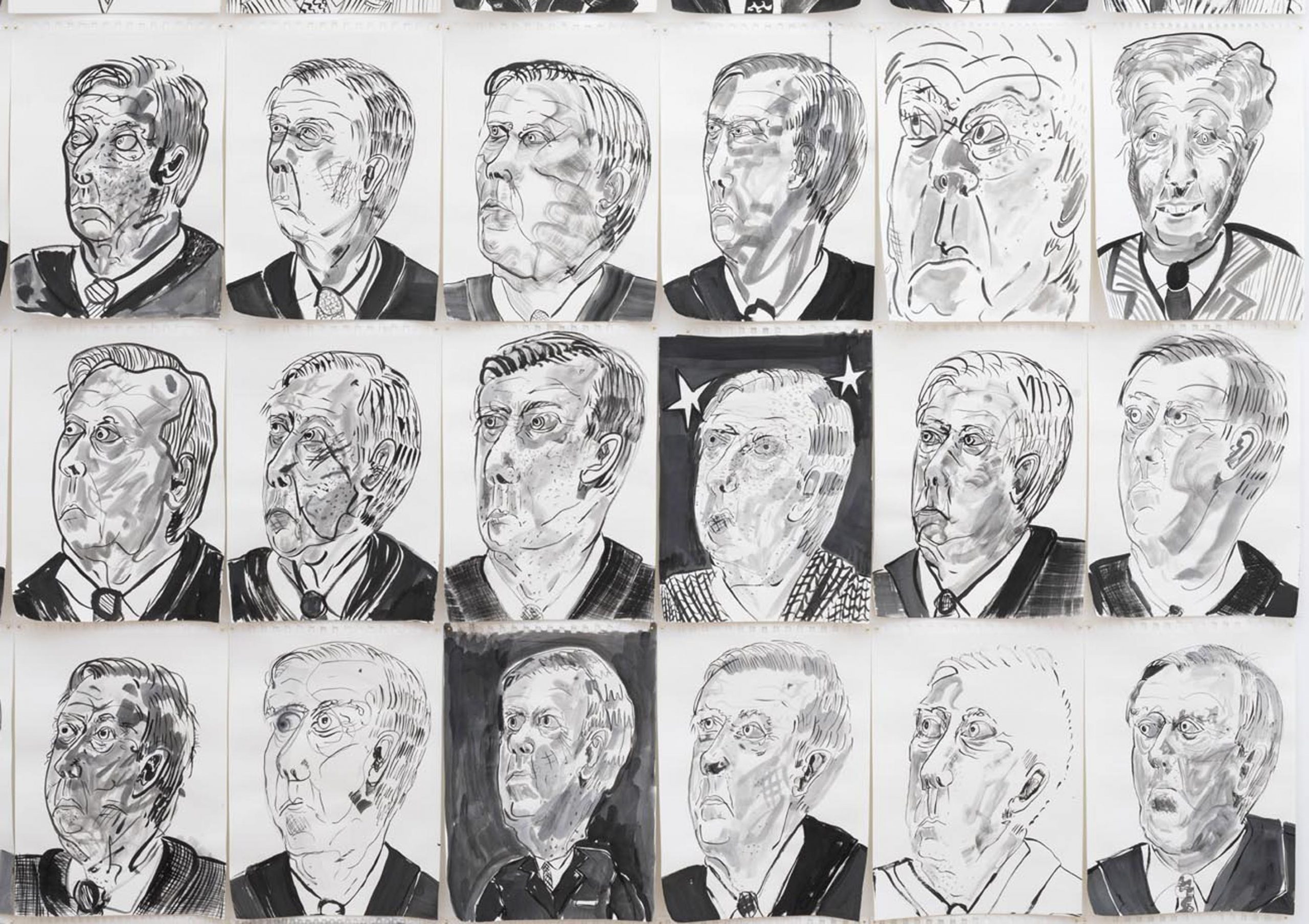 Ruby T , detail: "Draw Him to Death," 2019. 110 individual drawings, ink on paper. 137 1/2h x 90w in.