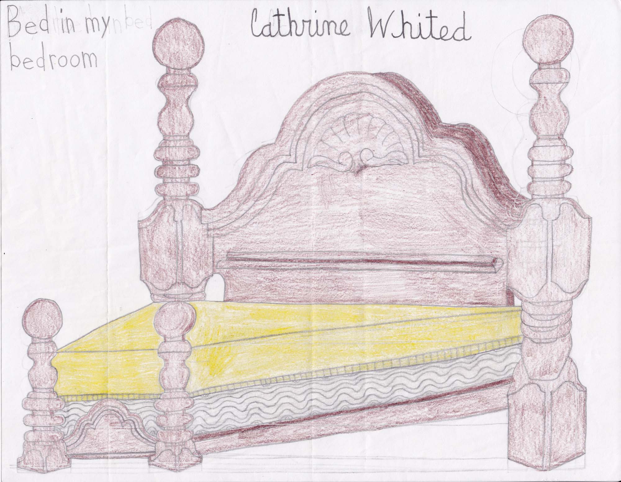 Bed in my bedroom , graphite and coloured pencil on bond paper, 8 1/2h x 11w in.