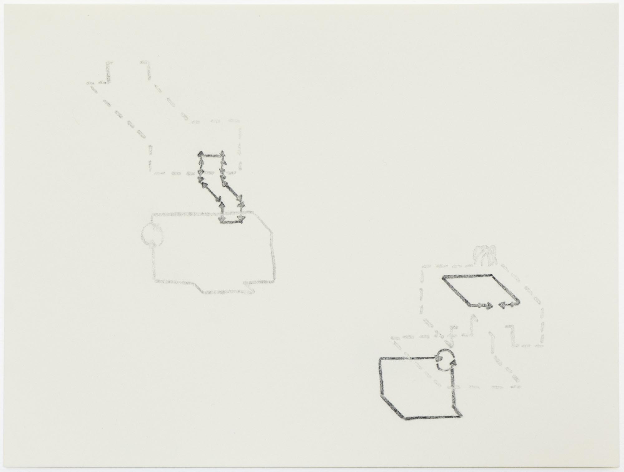 Shir Ende  "Score /Floor plan (small drawing #11)" 2025, Graphite and charcoal on paper, museum glass frame, 9h x 12w in 